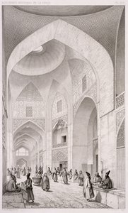 1856年、パリのルメルシエによって発行されたクロードソヴァージョ（1832-85）によって刻まれた、ペルシャの「航海のピトレスク」からのイスファハンの布市場 作： パスカル・ザビエル・コステ